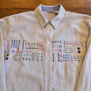 Vintage Striped Floral Embroidered Women's Large Button Down Shirt Shoulder Pads
